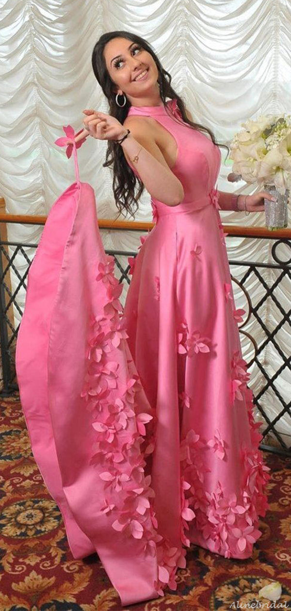 Elegant Hot Pink Halter Floral Applques A-line Long Prom Dress, Evenin AlineBridal Elegant Hot Pink Halter Floral Applques A-line Long Prom Dress, Evenin AlineBridal