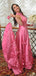 Hot Pink Halter Sleeveless Floral Tail A-line Long Prom Dress, PD3183