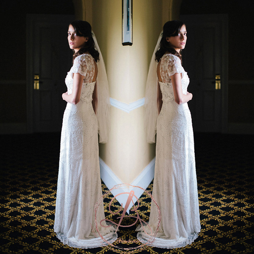 Stunning Gorgeous Beading Lace Square Neck Short Sleeve  Wedding Dresses, AB1120