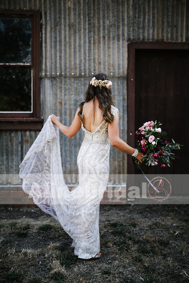 Stunning Gorgeous Sparkly Handmade Beaded Cap Sleeve Mermaid  Wedding Dresses, AB1127