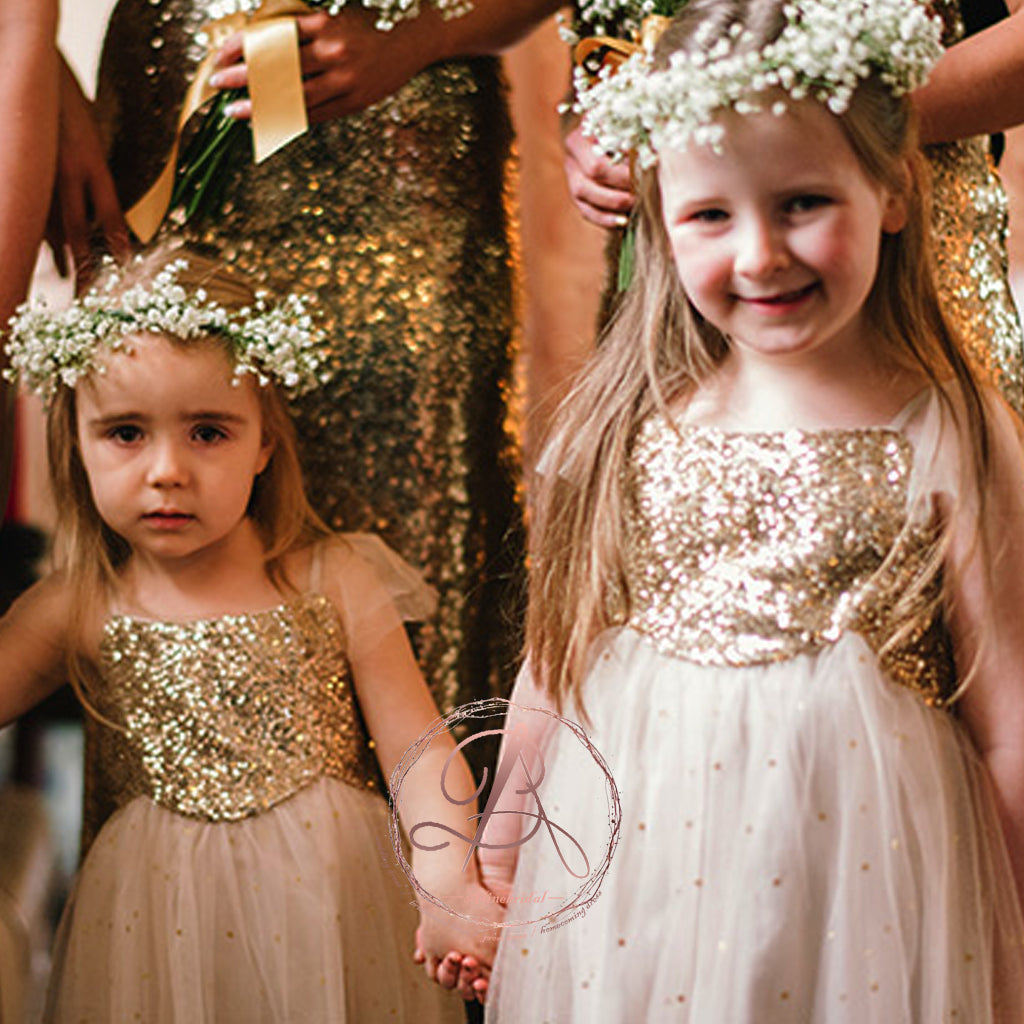 Popular Spaghetti Strap Gold Sequins Tulle Tea Length Flower Girl Dresses, FGS048