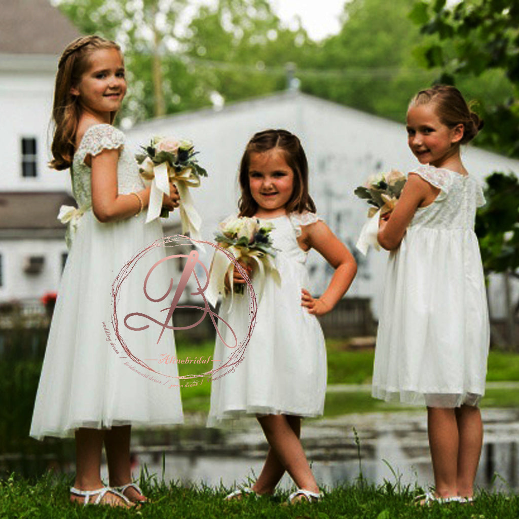 Lovely Ivory Lace  Tulle Cap Sleeve Round Neckline Flower Girl Dresses For Wedding, FGS040