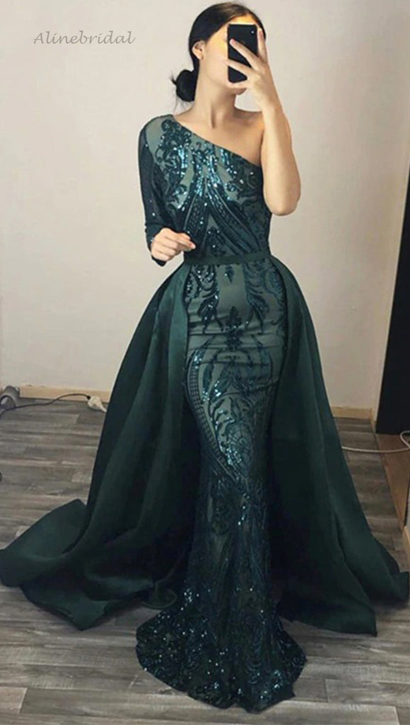 Hunter Green One-shoulder Sparkly Lace Mermaid Long Detachable Prom Dress, PD3337