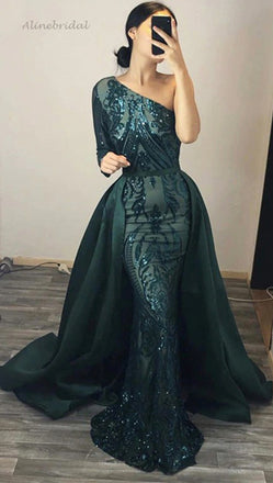 Hunter Green One-shoulder Sparkly Lace Mermaid Long Detachable Prom Dress, PD3337