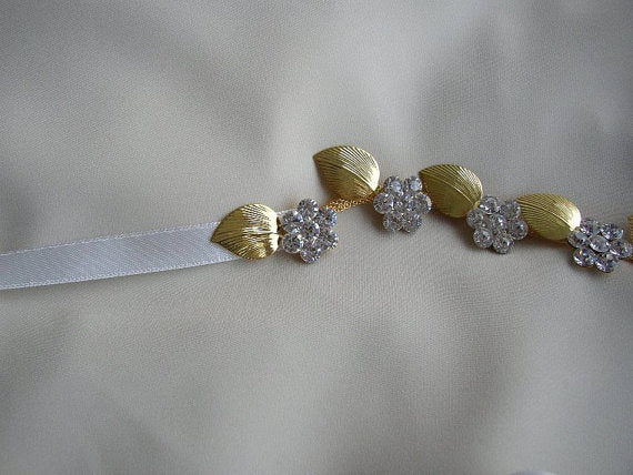 Beaded Floral Bridal Sash, Gold Wedding Sash, Crystals Rhinestone Sash,Gold Leaf Sash, SA0044
