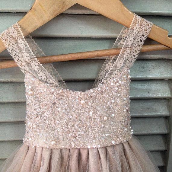 Dusty Pink Sequins A-line Tulle Flower Girl Dresses, Lovely Little gir AlineBridal Dusty Pink Sequins A-line Tulle Flower Girl Dresses, Lovely Little gir AlineBridal