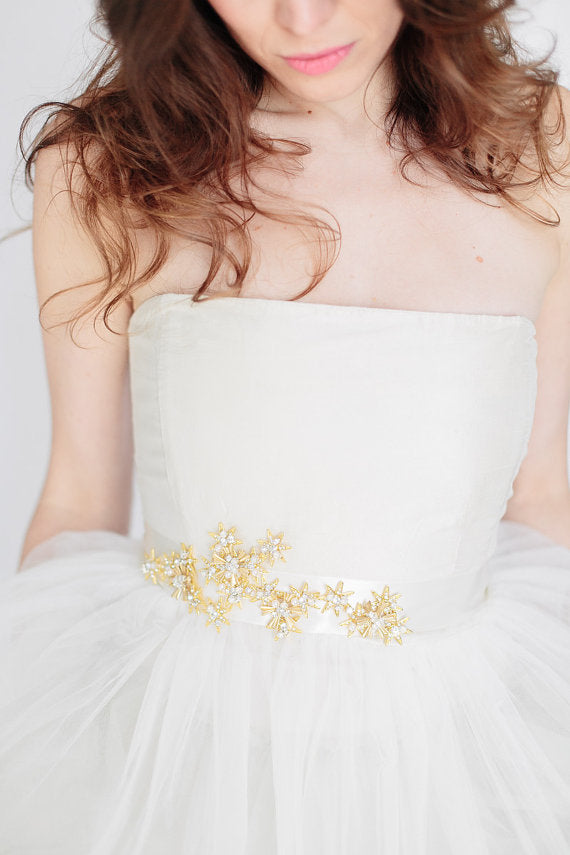 Gold Star Bridal Sash, Crystals Pearl Wedding Sash,Skinny Bridal Sash, AlineBridal Gold Star Bridal Sash, Crystals Pearl Wedding Sash,Skinny Bridal Sash, AlineBridal