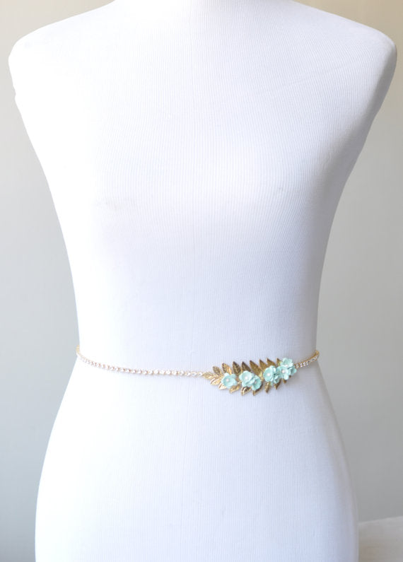 Flower Bridal Sash, Gold Wedding Sash with Mint Flowers and Crystals, Leaf Sash, SA0042