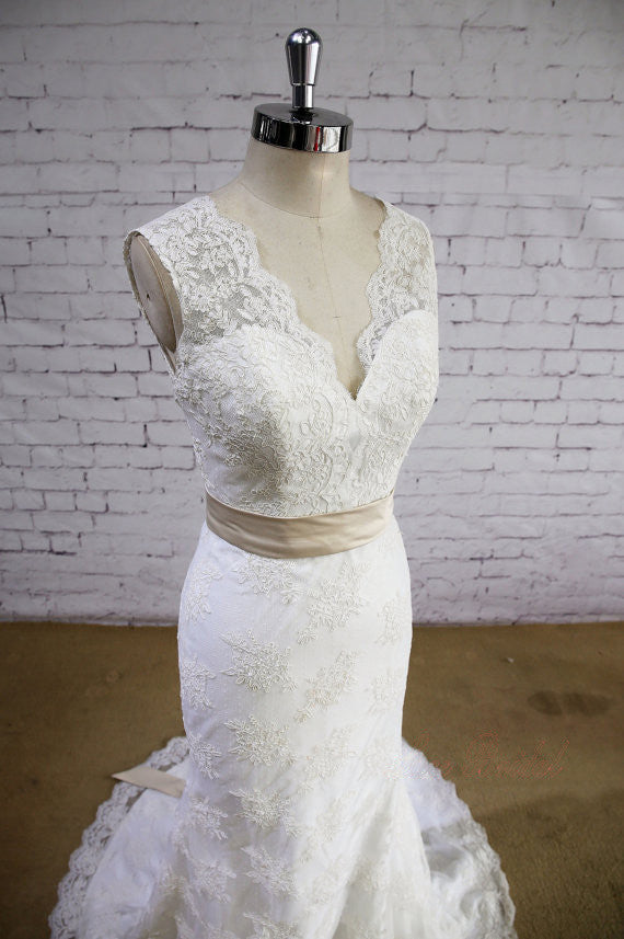 Lace Applique Sleeveless Mermaid V-neck Open-back Bow-Belt Ivory Weddi AlineBridal Lace Applique Sleeveless Mermaid V-neck Open-back Bow-Belt Ivory Weddi AlineBridal