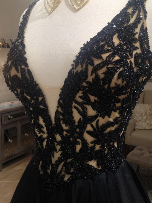 Sexy Black Beaded Lace Off Shoulder Prom Dress-Elegant V-Neck V-Back E AlineBridal Sexy Black Beaded Lace Off Shoulder Prom Dress-Elegant V-Neck V-Back E AlineBridal