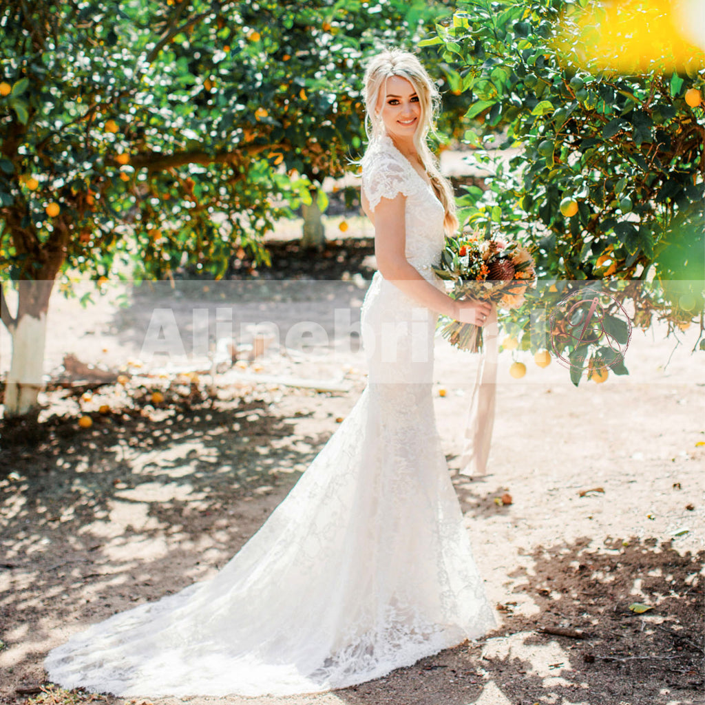 Vintage Ivory Lace With Beads Keyhole Back Short Sleeve Mermaid Wedding Dresses, AB1144