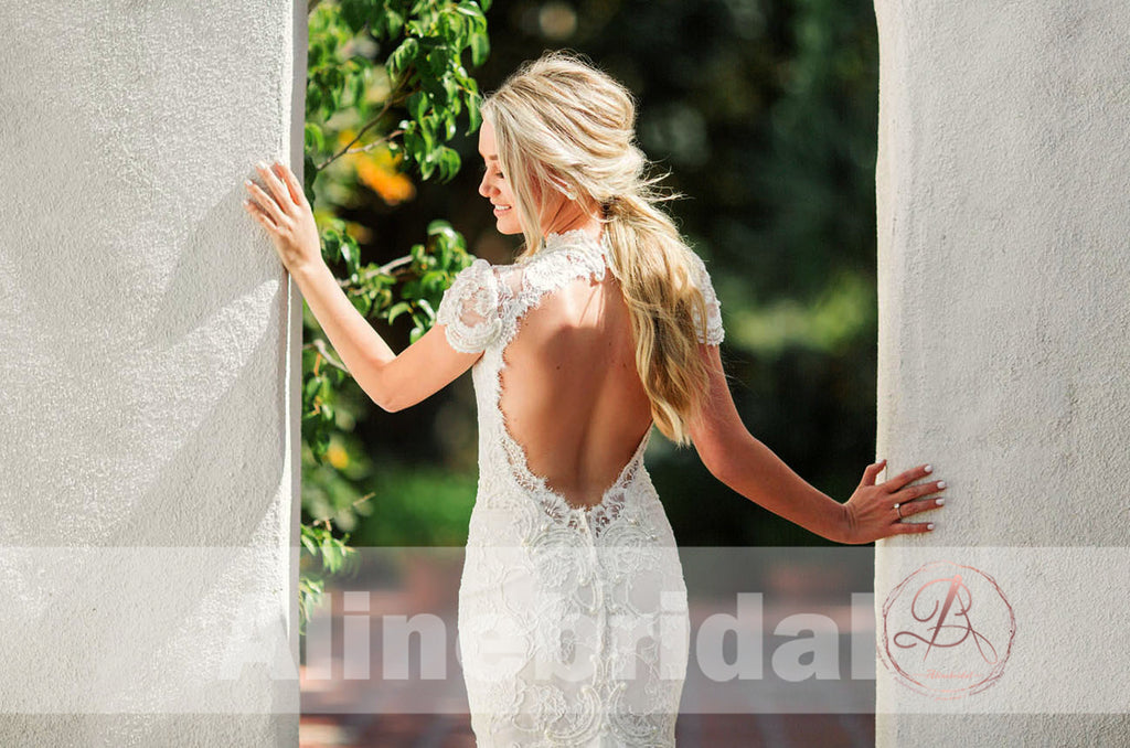 Vintage Ivory Lace With Beads Keyhole Back Short Sleeve Mermaid Wedding Dresses, AB1144