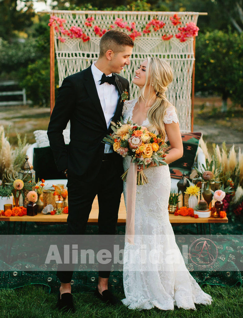 Vintage Ivory Lace With Beads Keyhole Back Short Sleeve Mermaid Wedding Dresses, AB1144