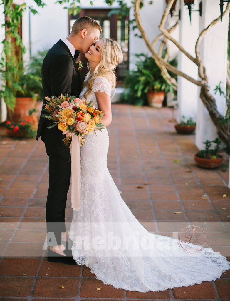 Vintage Ivory Lace With Beads Keyhole Back Short Sleeve Mermaid Wedding Dresses, AB1144