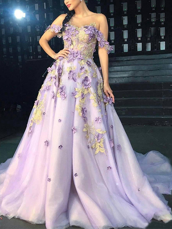 Lilac Off-shoulder Floral Dream A-line Long With Glitters Prom Dress, – AlineBridal