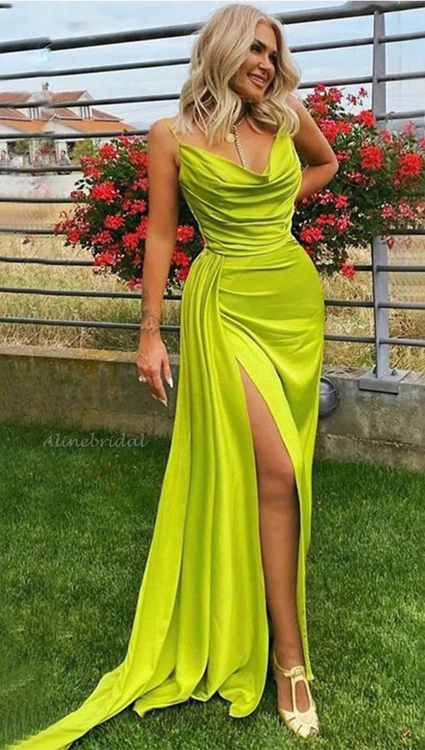 Lime Green Spaghetti Straps Mermaid Side-slirt Long Train Pleats Prom AlineBridal Lime Green Spaghetti Straps Mermaid Side-slirt Long Train Pleats Prom AlineBridal