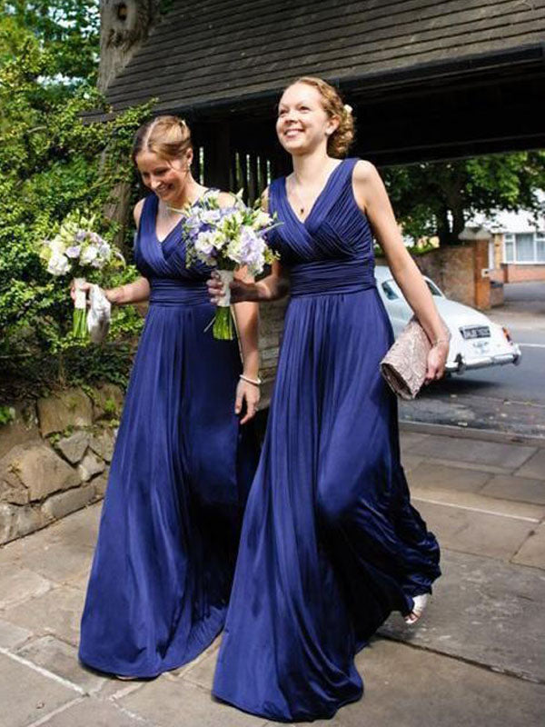 Modest Royal Blue V-neck Pleats A-line Long Bridesmaid Dress, WG73 – AlineBridal Modest Royal Blue V-neck Pleats A-line Long Bridesmaid Dress, WG73 – AlineBridal