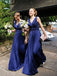 Modest Royal Blue V-neck Pleats A-line Long Bridesmaid Dress, WG73