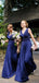 Modest Royal Blue V-neck Pleats A-line Long Bridesmaid Dress, WG73