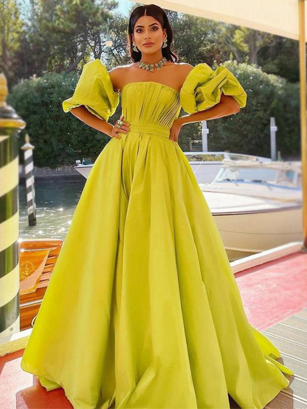 Mustard Green Strapless Pleats A-line With Sleeves Long Prom Dress Gow –  AlineBridal