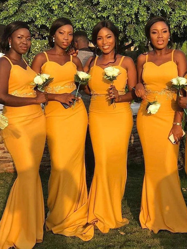 Mustard Yellow Spaghetti Strap Sweetheart Lace Waist Mermaid Long Brid AlineBridal Mustard Yellow Spaghetti Strap Sweetheart Lace Waist Mermaid Long Brid AlineBridal