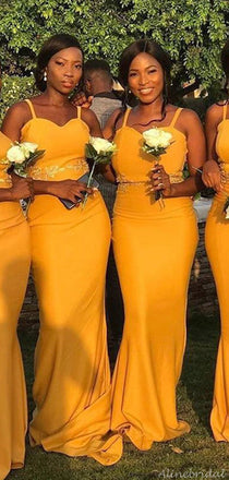 Mustard Yellow Spaghetti Strap Sweetheart Lace Waist Mermaid Long Bridesmaid Dress, BD3090