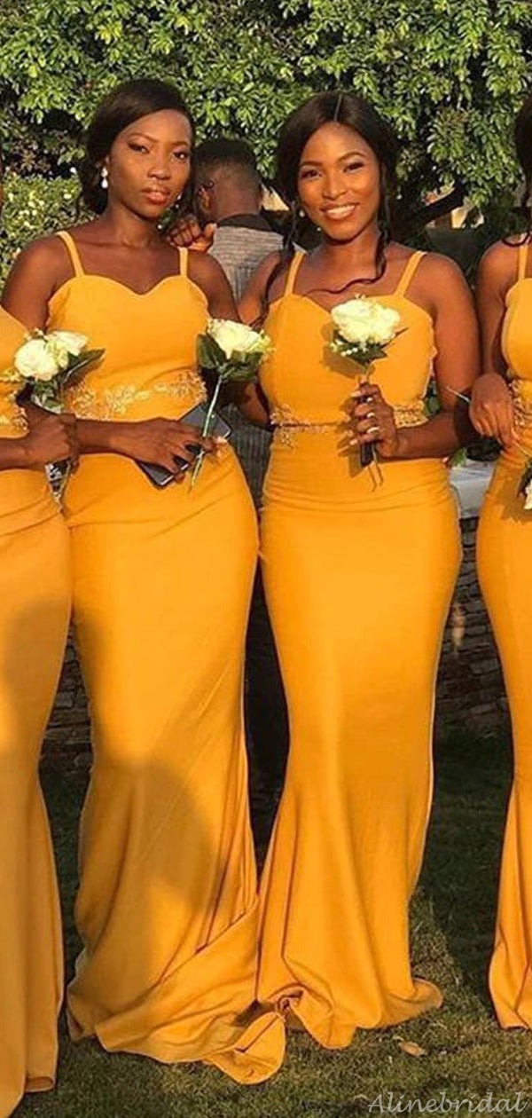 Mustard Yellow Spaghetti Strap Sweetheart Lace Waist Mermaid Long Brid AlineBridal Mustard Yellow Spaghetti Strap Sweetheart Lace Waist Mermaid Long Brid AlineBridal
