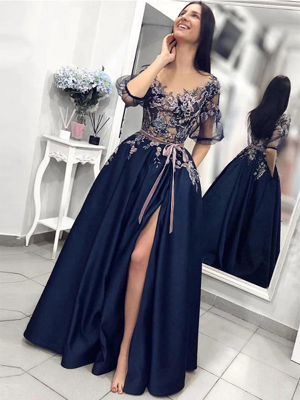 Navy Blue Elegant Illusion Lace Top Half-sleeves A-line Side-slit Long AlineBridal Navy Blue Elegant Illusion Lace Top Half-sleeves A-line Side-slit Long AlineBridal