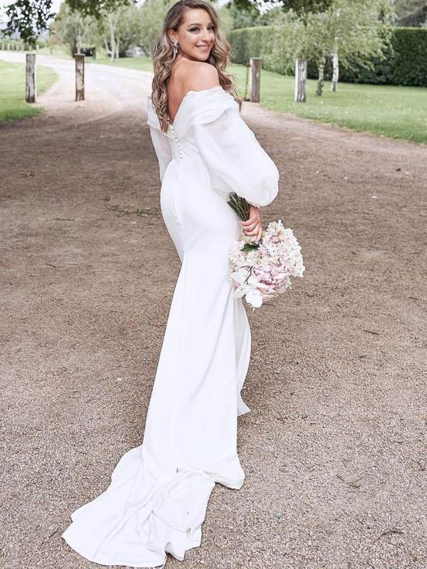 off shoulder long sleeve mermaid dress Off Shoulder 3/4 Sleeves Lace Up Mermaid Wedding Dress WD089 Custom Size / Ivory