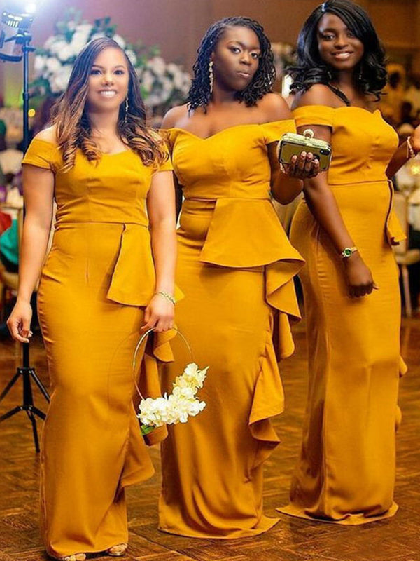 Off-shoulder Mustard Yellow Ruffle Mermaid Long Bridesmaid Dress, BD31 AlineBridal Off-shoulder Mustard Yellow Ruffle Mermaid Long Bridesmaid Dress, BD31 AlineBridal
