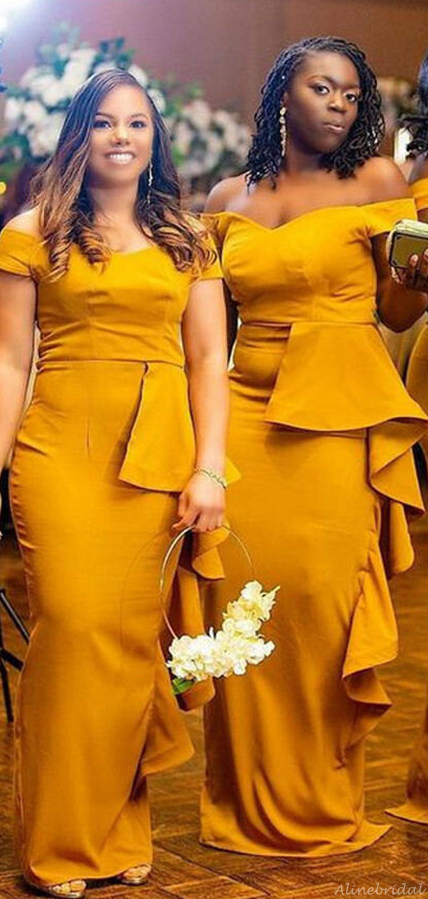Off-shoulder Mustard Yellow Ruffle Mermaid Long Bridesmaid Dress, BD31 ...