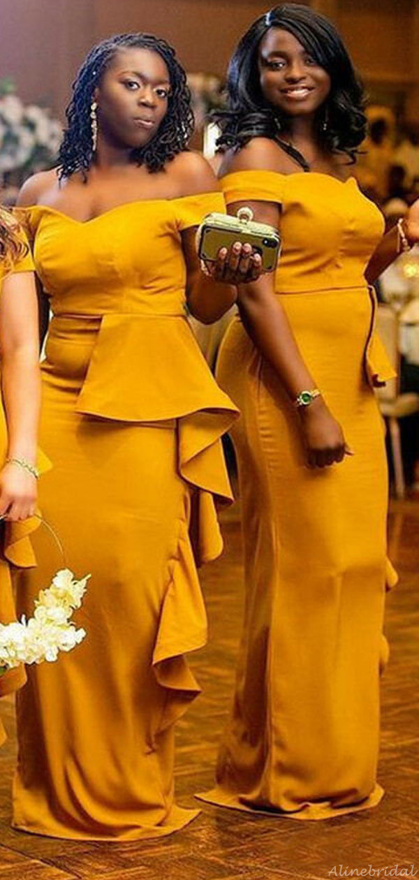 Off-shoulder Mustard Yellow Ruffle Mermaid Long Bridesmaid Dress, BD31 ...