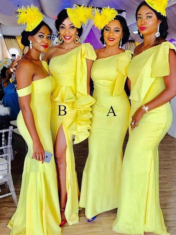 neon yellow bridesmaid dresses One-shoulder Bright Active Modest Mermaid Two Style Long Brides – AlineBridal Perfect for your role