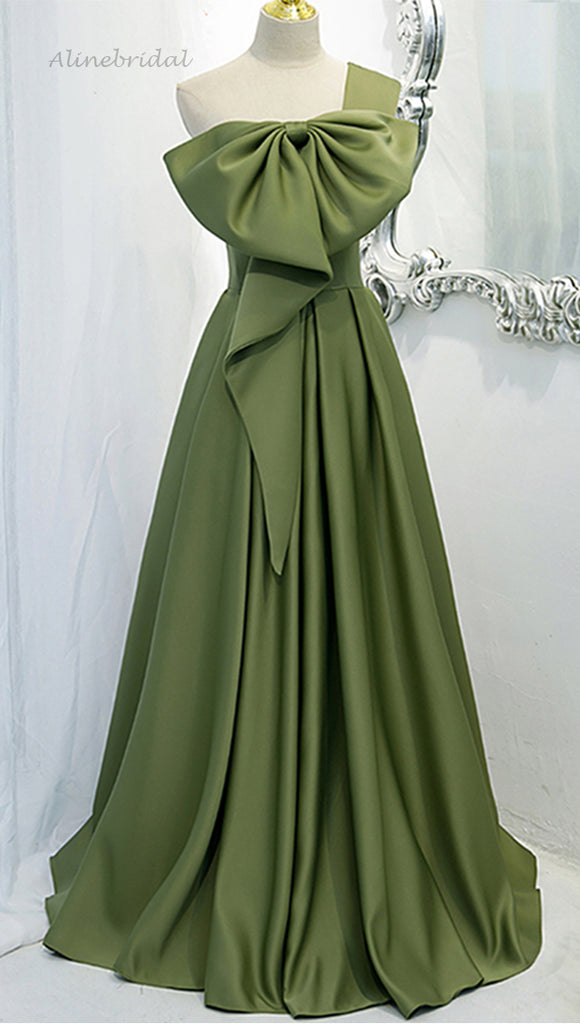 One-shoulder Sage Green Bow Tie A-line Long Prom Dress, Gown, PD3322