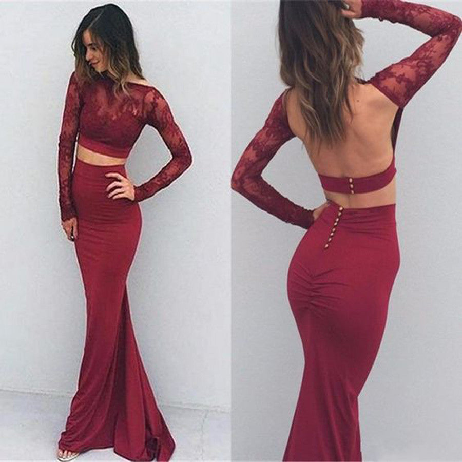 Burgundy Two Pieces Backless With Long Sleeves Mermaid Lace Sexy Prom Dress.PD0202