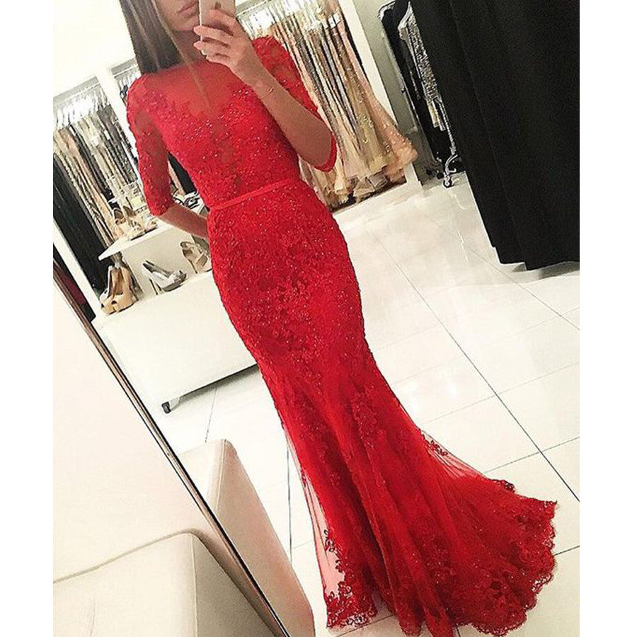Red Mermaid Beaded Sparkly With Half Sleeve Lace Prom Dresses PD0205