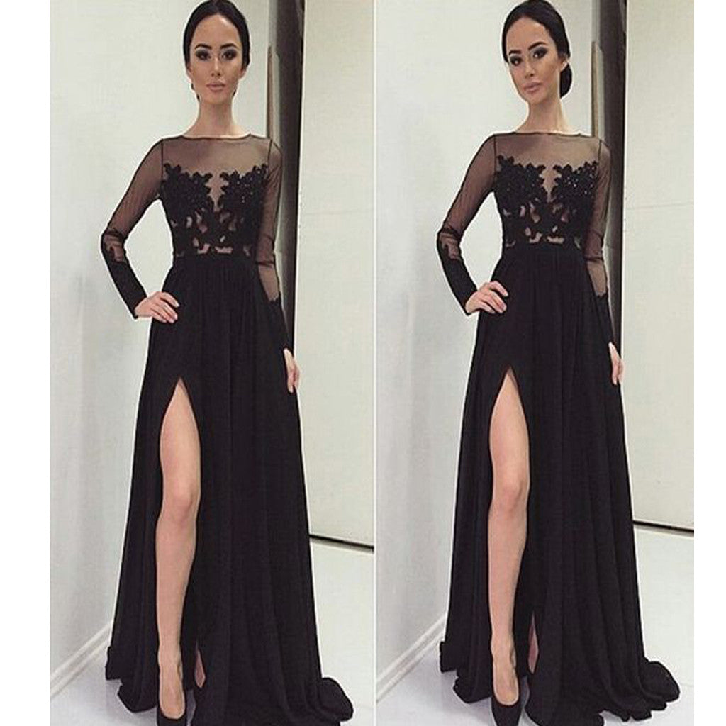 Long Sleeve Black With Slip Side Sexy Appliques Charming Evening Dress AlineBridal