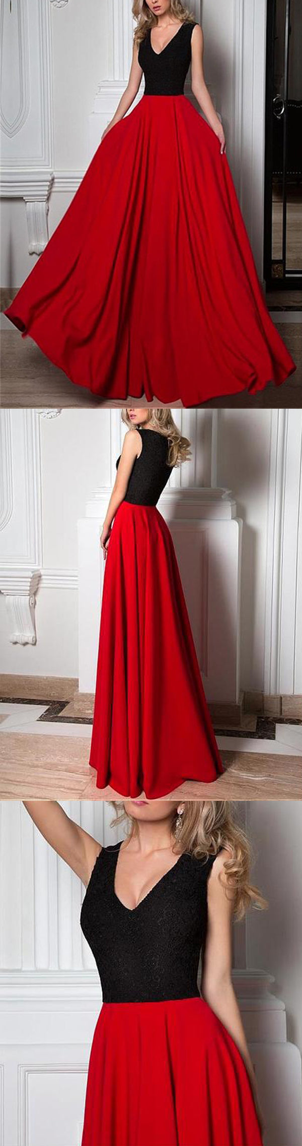 Simple Long A-line Black Lace Top Red Chiffon Sleeveless Charming Prom AlineBridal Simple Long A-line Black Lace Top Red Chiffon Sleeveless Charming Prom AlineBridal
