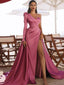 Pink Asymmetric One-shoulder Side-slit Mermaid Long Prom Dress, PD3157