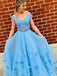 Pink Blue Off-shoulder Lace Top A-line Long Tulle Prom Dress With Floral Appliques, PD3168