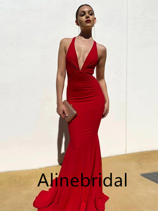 Sexy Halter V-neck Sleeveless Mermaid Long Prom Dress, PD3539