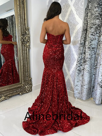 Stunning Red Sequins Strapless Mermaid Long Prom Dress, Evening Gown, PD3544