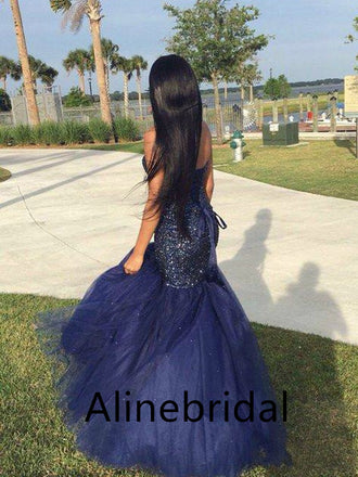 Sexy Strapless Blue Mermaid Long Prom Dress with Tulle Train, PD3561