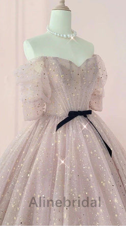 Glamorous Pink Sparkle Off - Shoulder Tulle Ball Gown with Black Bow, PD3620