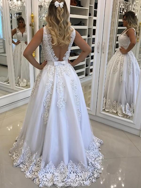 Elegant White Lace Applique V Back A Line Long Evening Prom Dresses PD0010