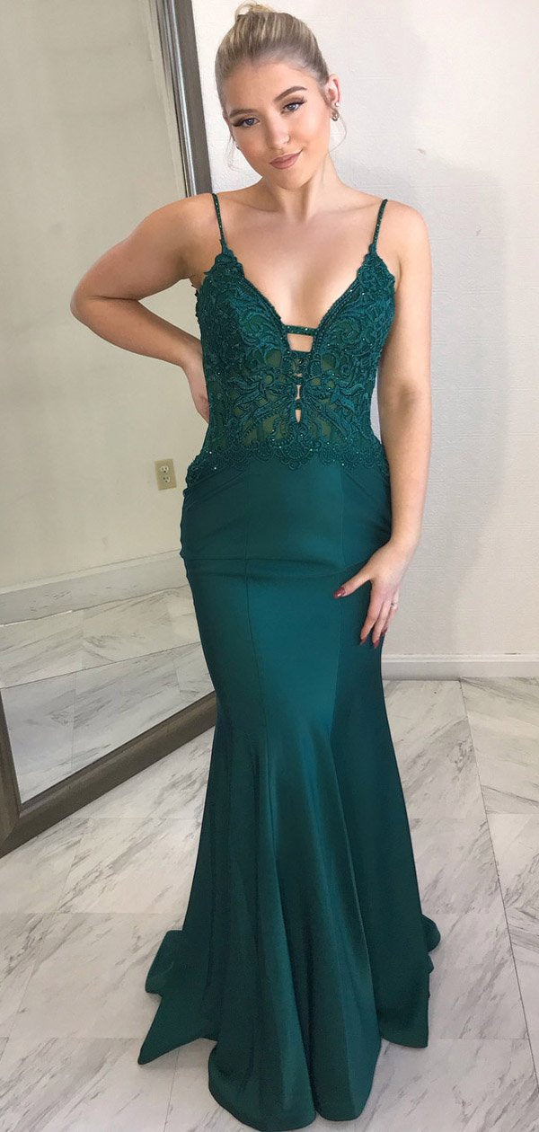 Sexy Hunter green Spaghetti Strap Open Back Mermaid Long Evening Prom AlineBridal Sexy Hunter green Spaghetti Strap Open Back Mermaid Long Evening Prom AlineBridal