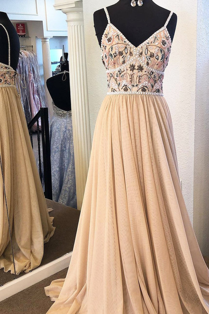 Unique Embroidered Backless Lace Up Tulle A Line Long Evening Prom Dresses, PD0024