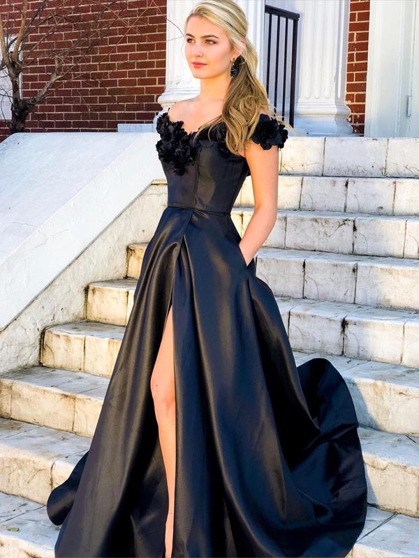 black satin a line dress Fashion Applique Long Evening Prom Dresses, PD0037 – AlineBridal short black formal dress Bodycon Bandage Short Feather evening wear Size Guide Size:2XL AU 16