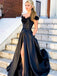 Fashion Black Satin Applique A Line Long Evening Prom Dresses, PD0037