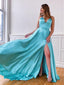 Simple Spaghetti Strap Lace Up Back Side Slit Long Prom Dresses, PD0038